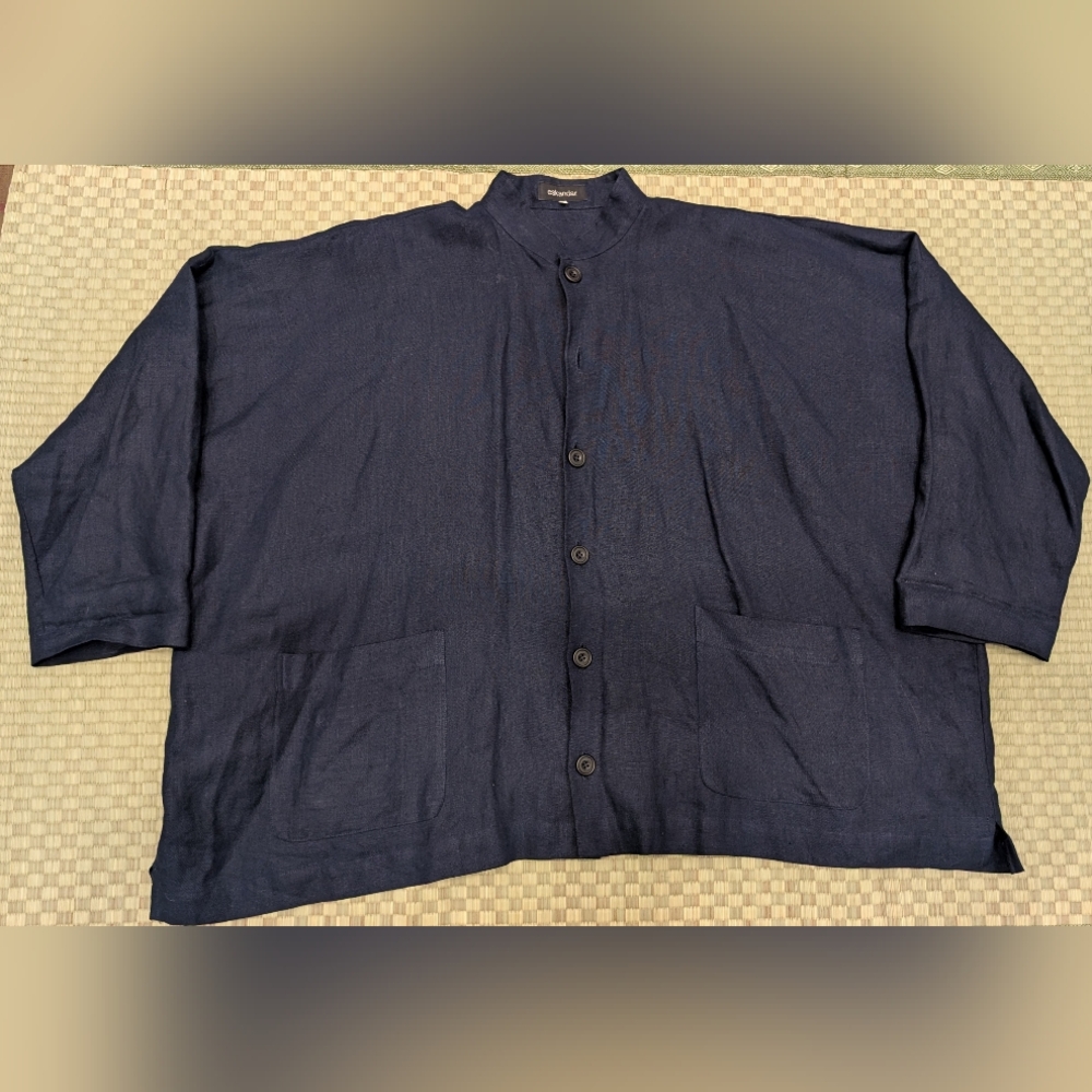 Eskandar 100% Linen Imperial Collar Oversized Jacket w/ Pockets Navy Size 1